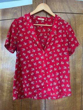 Pleione Red Floral Short Sleeve Button Down Blouse